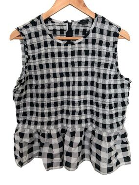 Ann Taylor Black White Gingham Smocked Sleeveless Peplum Tiered Top Cotton XL